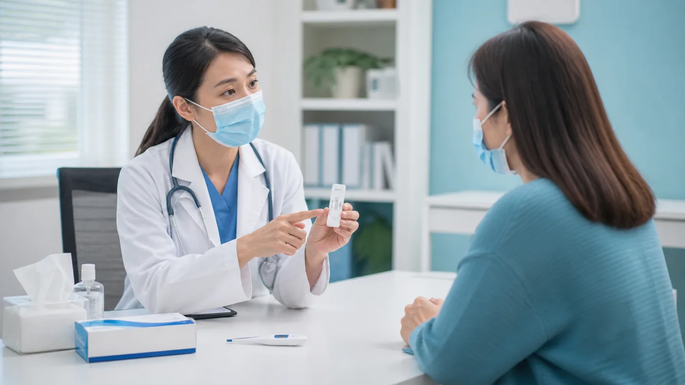 แพทย์อธิบายการตรวจ COVID-19 และอาการทางเดินหายใจให้ผู้ป่วย
