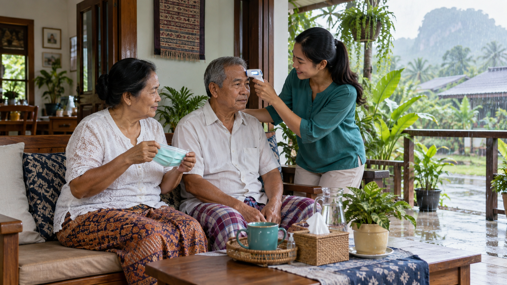 ครอบครัวดูแลผู้สูงอายุเมื่อมีอาการทางเดินหายใจในช่วงฤดูฝน
